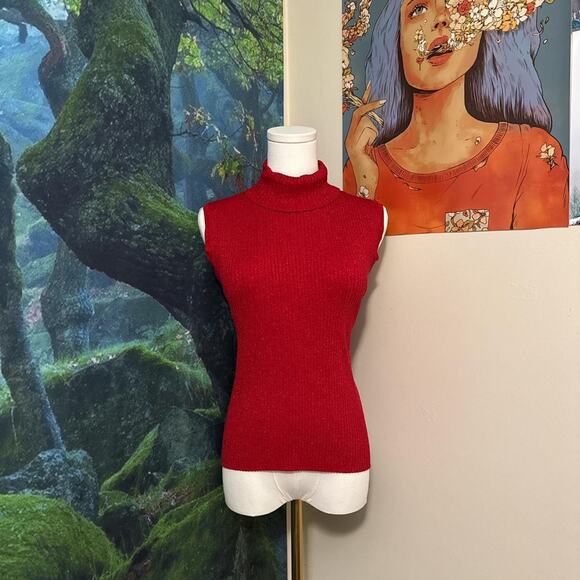 red sleeveless turtleneck shimmer metallic ribbed knit top cable & gauge xl - Picture 5 of 5